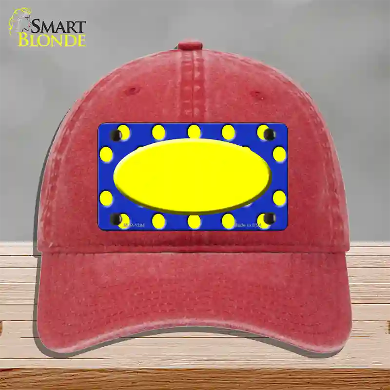 Yellow Royal Blue Polka Dot Center Oval Novelty License Plate Hat Unconstructed Cotton / Red