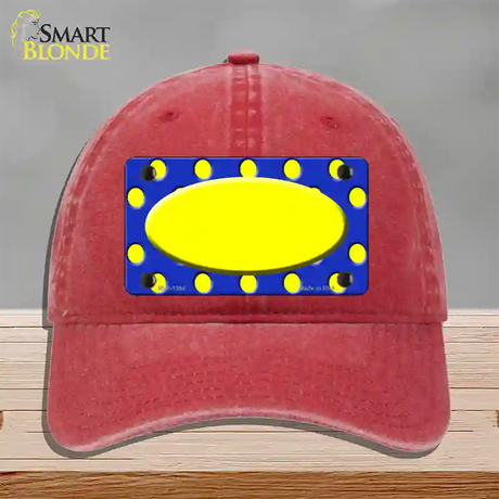 Yellow Royal Blue Polka Dot Center Oval Novelty License Plate Hat Unconstructed Cotton / Red