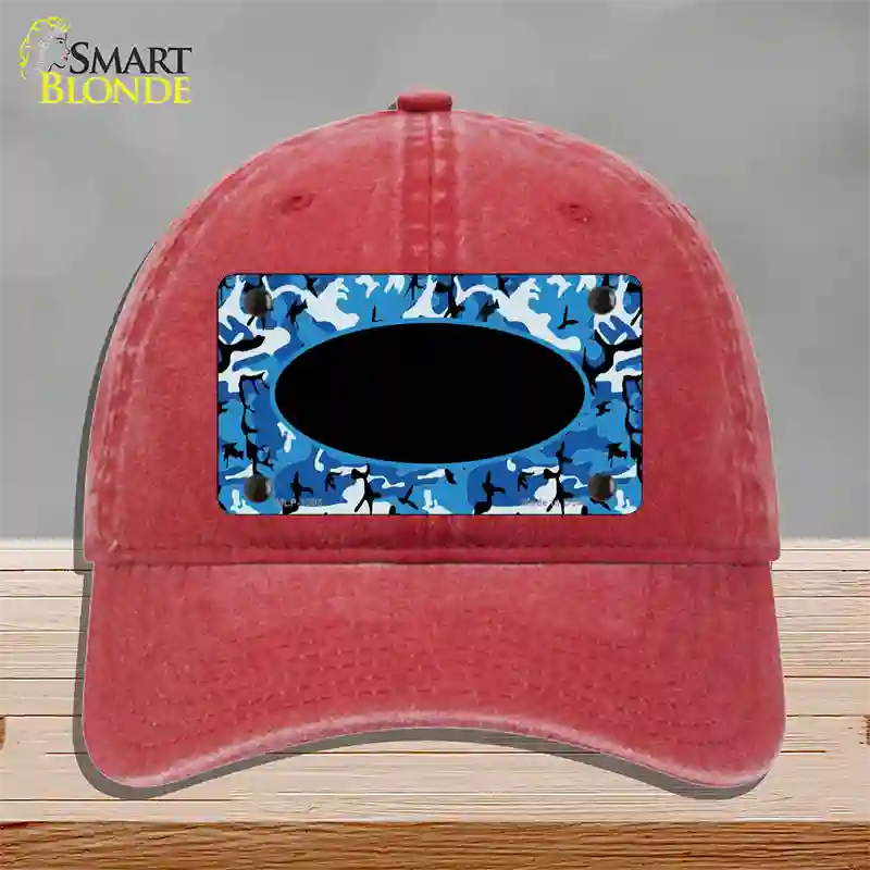 Blue Camo With Black Center Oval Novelty License Plate Hat Unconstructed Cotton / Red