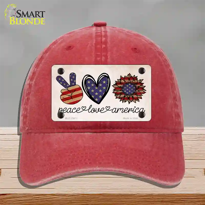 Peace Love America Novelty License Plate Hat Tag Unconstructed Cotton / Red