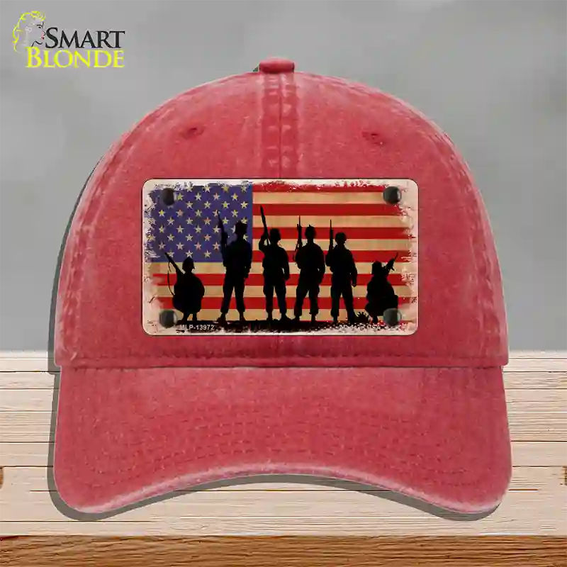 Military Soldiers American Flag Novelty License Plate Hat Tag Unconstructed Cotton / Red