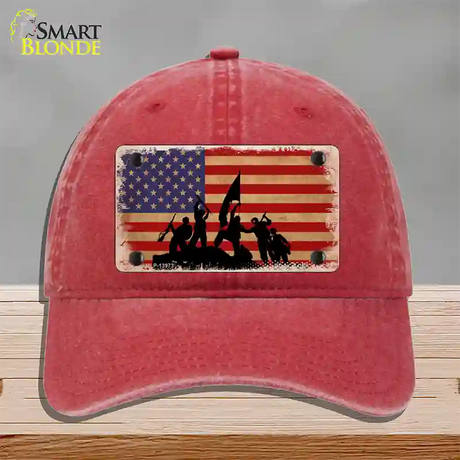 Grunge American Flag with Soldiers Novelty License Plate Hat Tag Unconstructed Cotton / Red