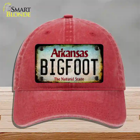 Bigfoot Arkansas Novelty License Plate Hat Tag Unconstructed Cotton / Red