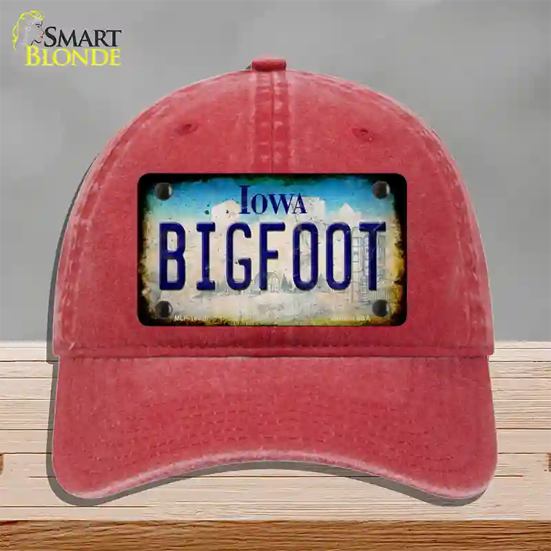 Bigfoot Iowa Novelty License Plate Hat Tag Unconstructed Cotton / Red