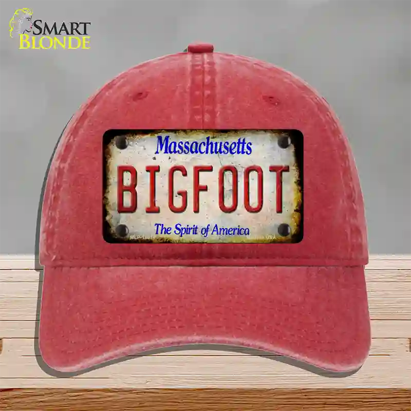 Bigfoot Massachusetts Novelty License Plate Hat Tag Unconstructed Cotton / Red