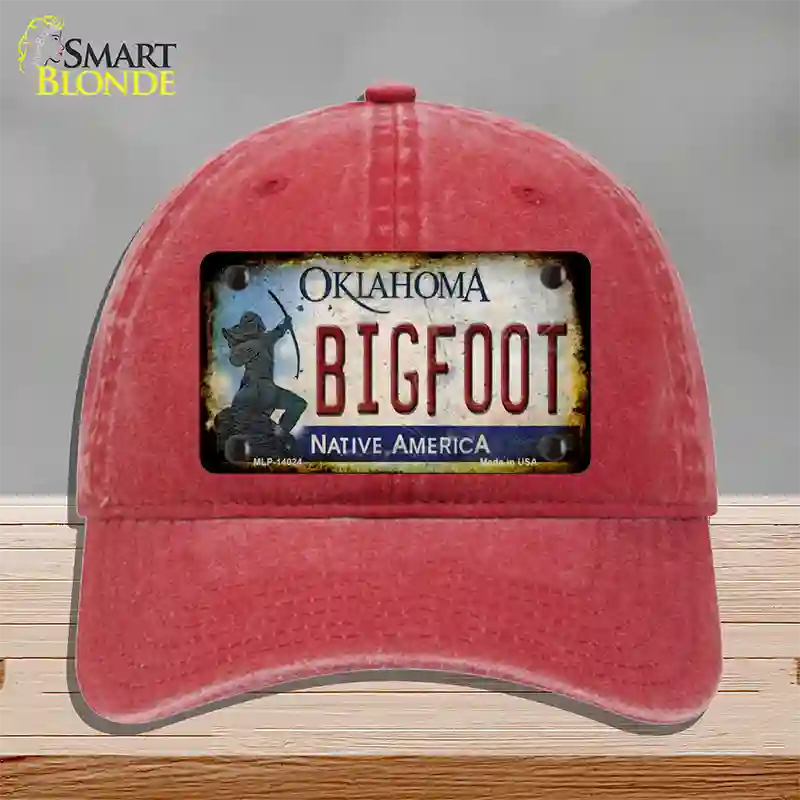 Bigfoot Oklahoma Novelty License Plate Hat Tag Unconstructed Cotton / Red