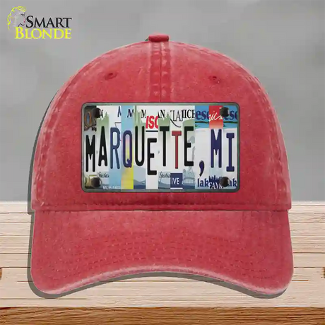 Marquette MI Strip Art Novelty License Plate Hat Tag Unconstructed Cotton / Red