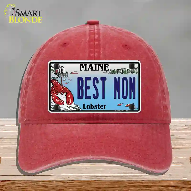 Best Mom Maine Lobster Novelty License Plate Hat Unconstructed Cotton / Red