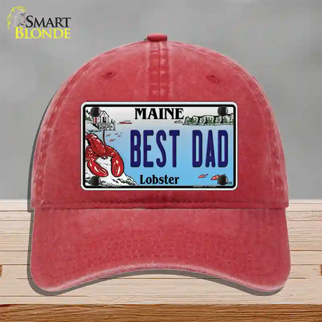 Best Dad Maine Lobster Novelty License Plate Hat Unconstructed Cotton / Red