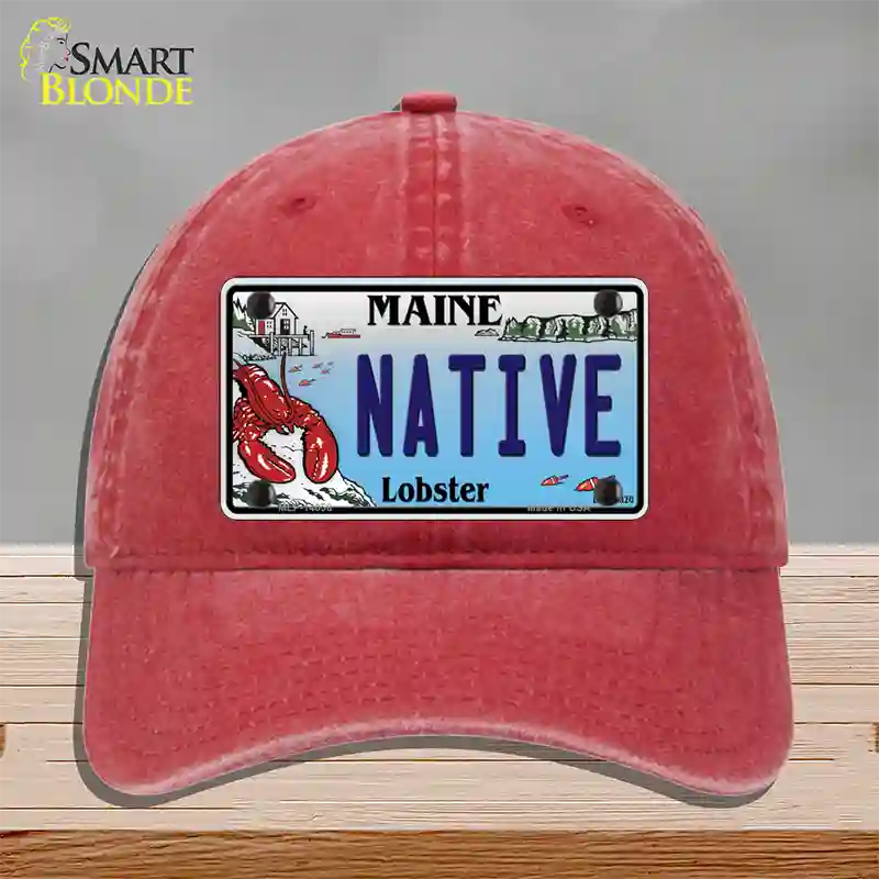 Native Maine Lobster Novelty License Plate Hat Unconstructed Cotton / Red