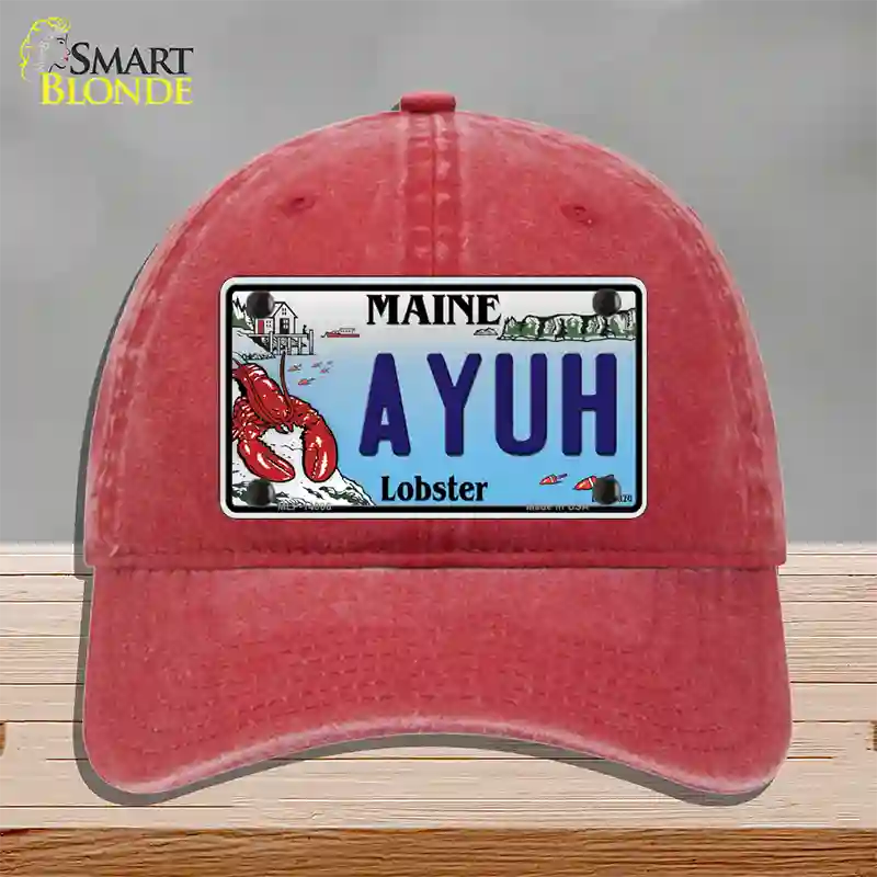 Ayuh Maine Lobster Novelty License Plate Hat Unconstructed Cotton / Red