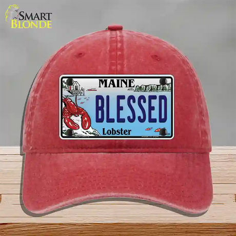 Blessed Maine Lobster Novelty License Plate Hat Unconstructed Cotton / Red