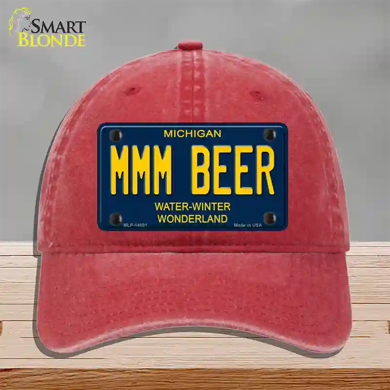 Mmm Beer Michigan Blue Novelty License Plate Hat Unconstructed Cotton / Red