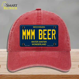 Mmm Beer Michigan Blue Novelty License Plate Hat Unconstructed Cotton / Red