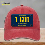 1 God Michigan Blue Novelty License Plate Hat Unconstructed Cotton / Red