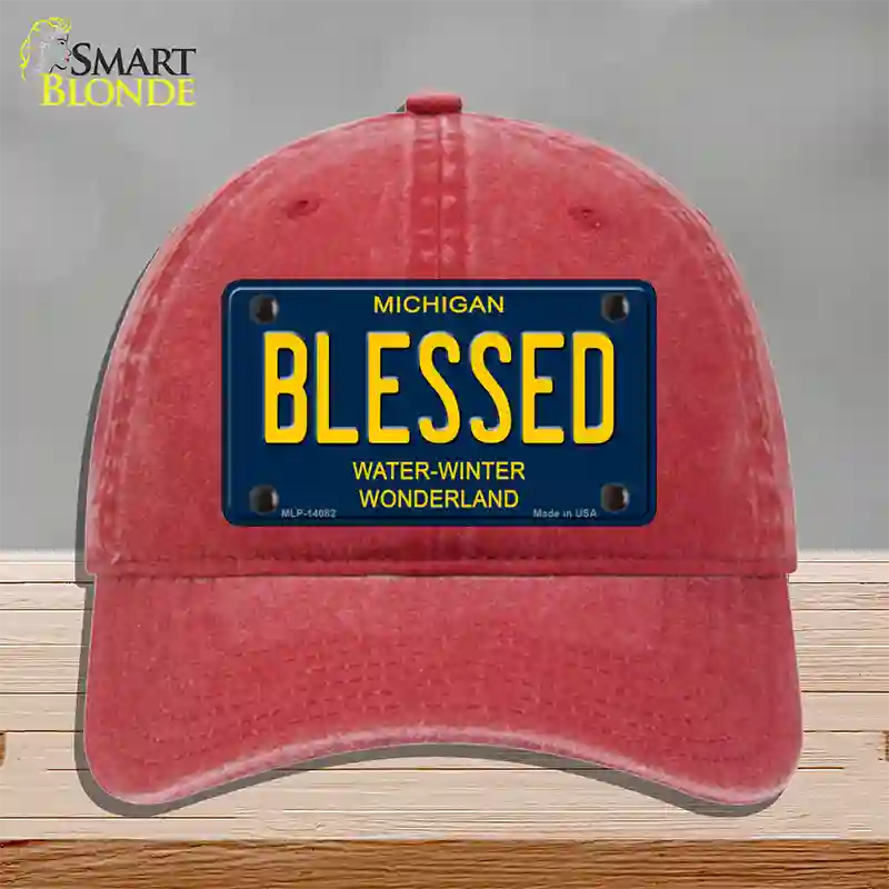 Blessed Michigan Blue Novelty License Plate Hat Unconstructed Cotton / Red