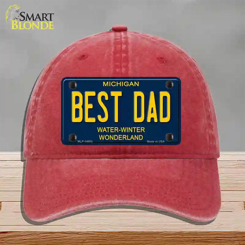 Best Dad Michigan Blue Novelty License Plate Hat Unconstructed Cotton / Red