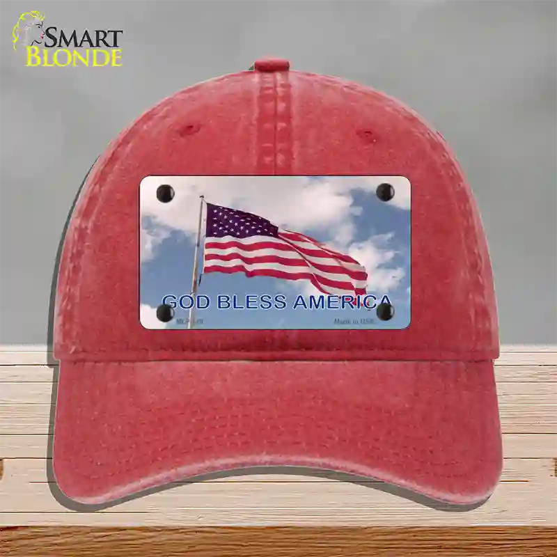 God Bless America Clouds Novelty License Plate Hat Unconstructed Cotton / Red