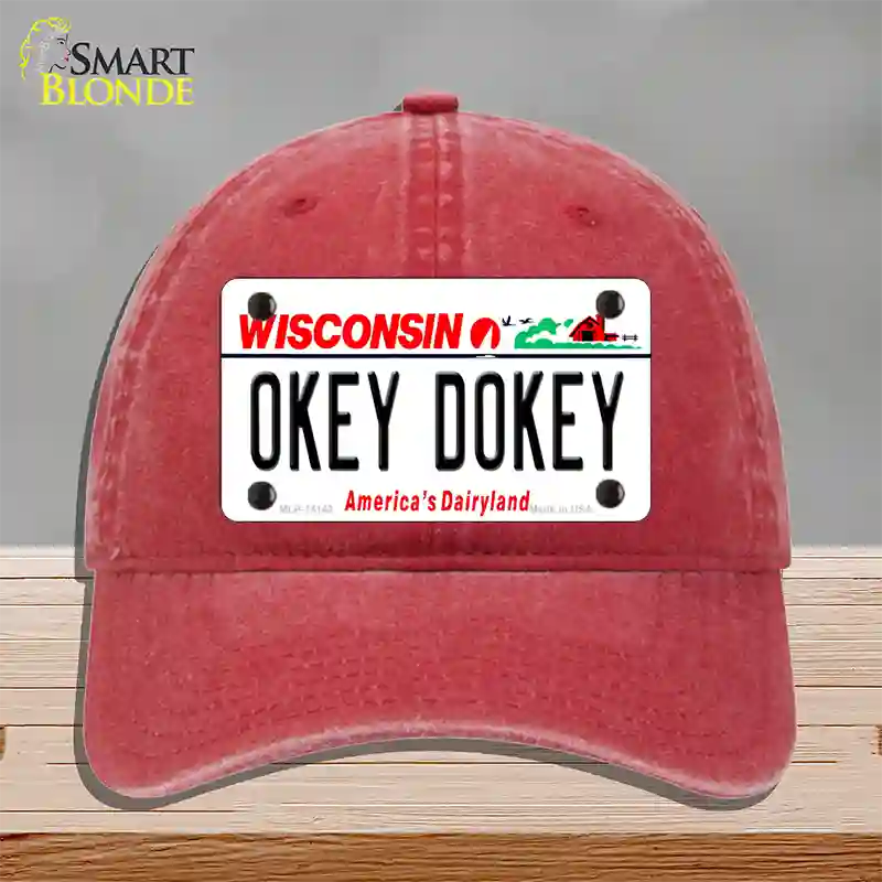 Okey Dokey Wisconsin State Background Novelty License Plate Hat Unconstructed Cotton / Red