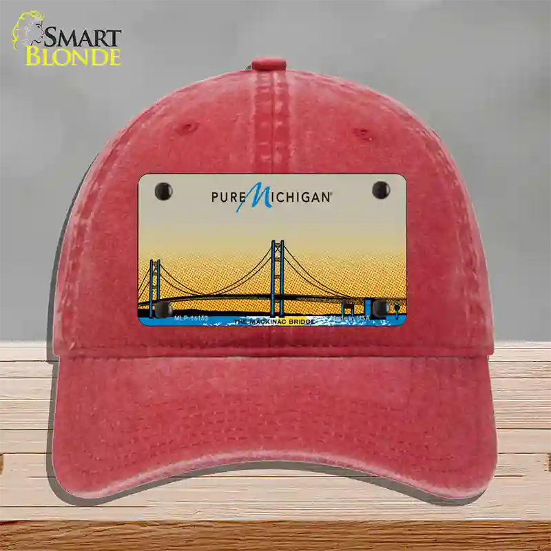 Pure Michigan Mackinac Bridge Novelty License Plate Hat Unconstructed Cotton / Red