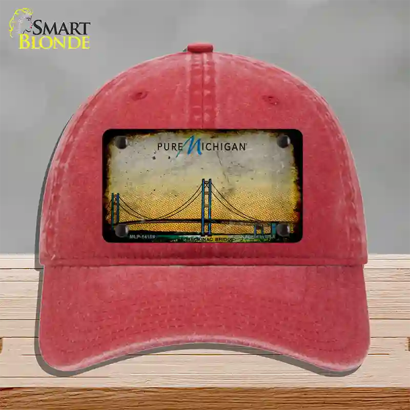 Pure Michigan Mackinac Bridge Rusty Novelty License Plate Hat Unconstructed Cotton / Red