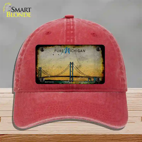 Pure Michigan Mackinac Bridge Rusty Novelty License Plate Hat Unconstructed Cotton / Red