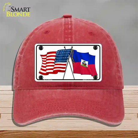 Haiti Crossed US Flag Novelty License Plate Hat Unconstructed Cotton / Red