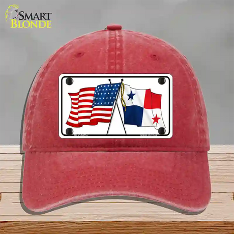 Panama Crossed US Flag Novelty License Plate Hat Unconstructed Cotton / Red