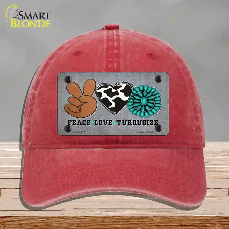 Peace Love Turquoise Novelty License Plate Hat Unconstructed Cotton / Red