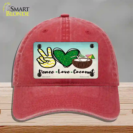 Peace Love Coconut Novelty License Plate Hat Unconstructed Cotton / Red