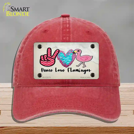 Peace Love Flamingos Novelty License Plate Hat Unconstructed Cotton / Red