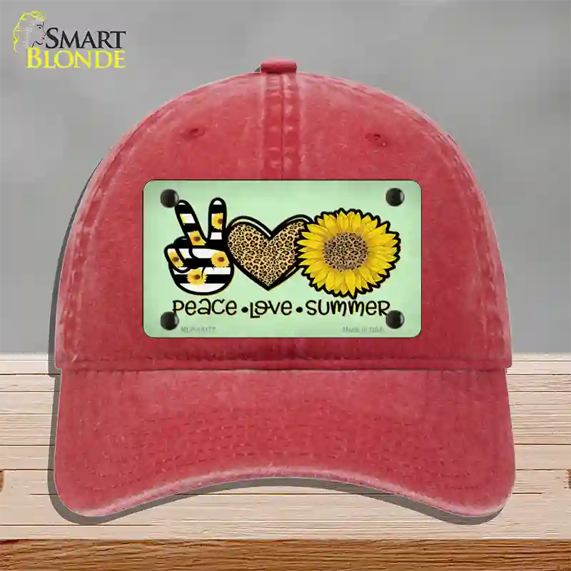 Peace Love Summer Sunflower Novelty License Plate Hat Unconstructed Cotton / Red