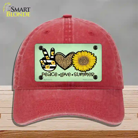 Peace Love Summer Sunflower Novelty License Plate Hat Unconstructed Cotton / Red