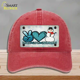 Peace Love Snowman Novelty License Plate Hat Unconstructed Cotton / Red