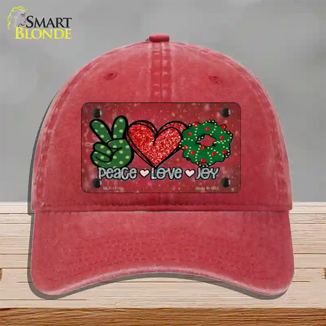 Peace Love Joy Novelty License Plate Hat Unconstructed Cotton / Red