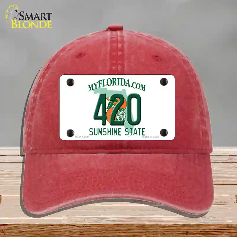 420 Florida Novelty License Plate Hat Unconstructed Cotton / Red