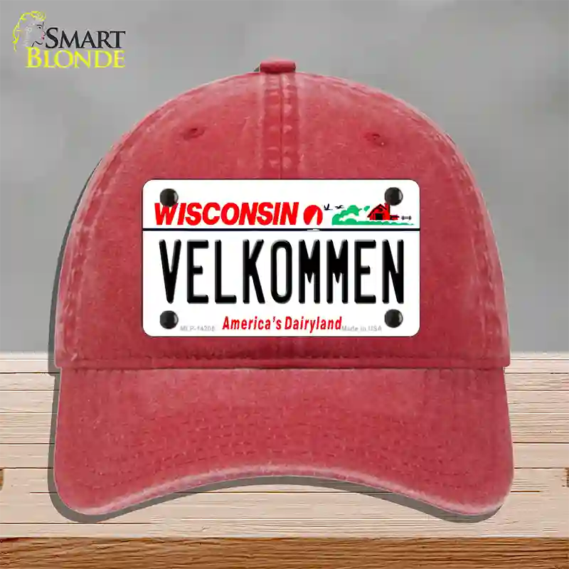 Velkommen Wisconsin Novelty License Plate Hat Unconstructed Cotton / Red