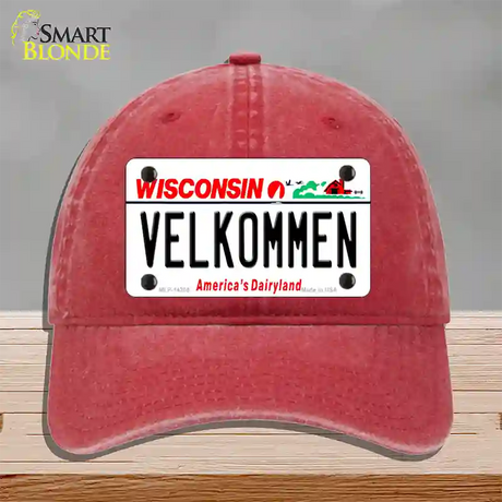 Velkommen Wisconsin Novelty License Plate Hat Unconstructed Cotton / Red