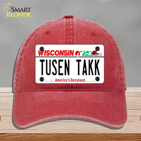 Tusen Takk Wisconsin Novelty License Plate Hat Unconstructed Cotton / Red