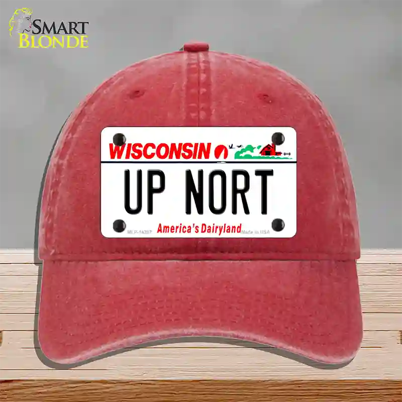 Up Nort Wisconsin Novelty License Plate Hat Unconstructed Cotton / Red