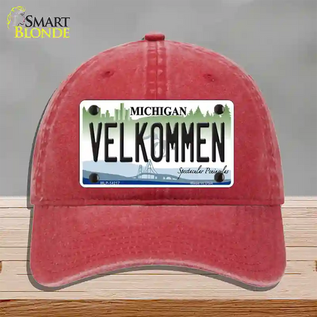 Velkommen Michigan Novelty License Plate Hat Unconstructed Cotton / Red