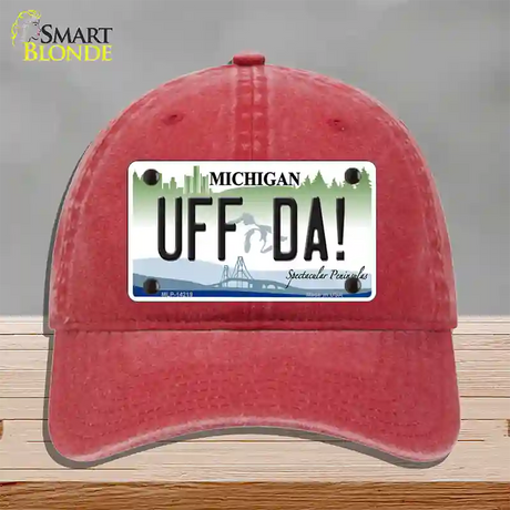 Uff Da Michigan Novelty License Plate Hat Unconstructed Cotton / Red