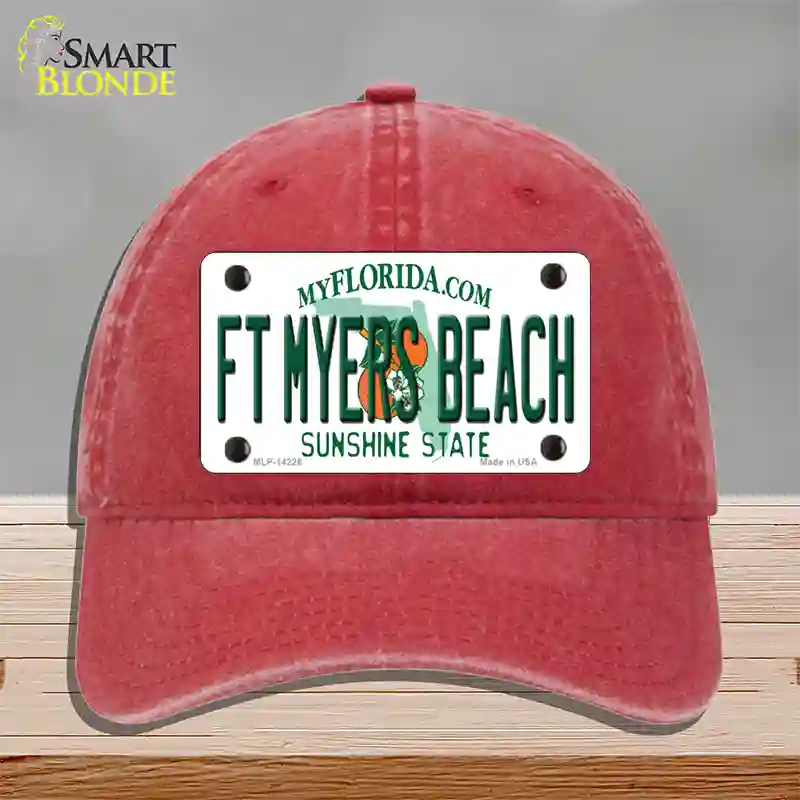 Florida FT Myers Beach Novelty License Plate Hat Unconstructed Cotton / Red