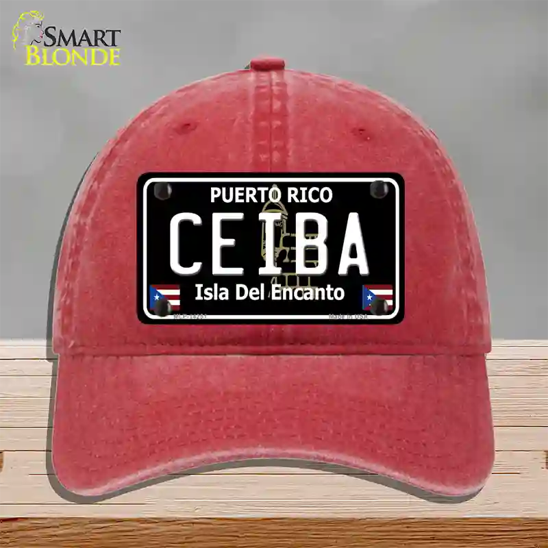 Ceiba Puerto Rico Black Novelty License Plate Hat Unconstructed Cotton / Red