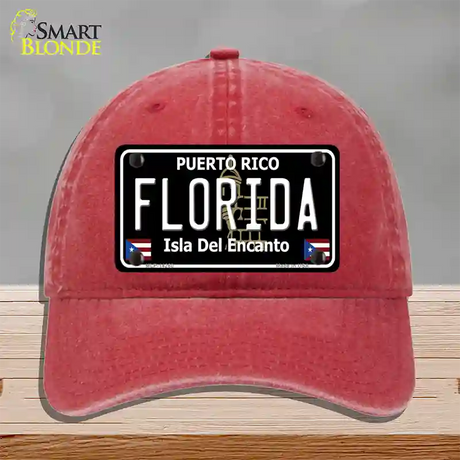 Florida Puerto Rico Black Novelty License Plate Hat Unconstructed Cotton / Red