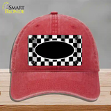 Waving Checkered Flag With Black Center Oval Novelty License Plate Hat Unconstructed Cotton / Red