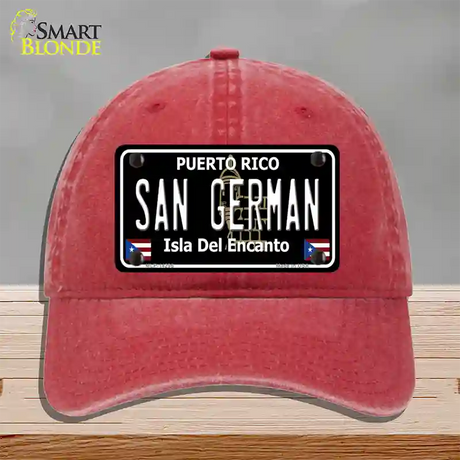 San German Puerto Rico Black Novelty License Plate Hat Unconstructed Cotton / Red