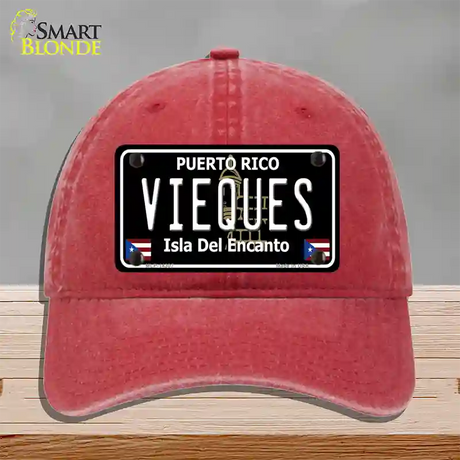 Vieques Puerto Rico Black Novelty License Plate Hat Unconstructed Cotton / Red