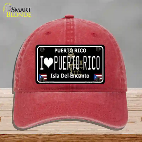 I Love Puerto Rico Black Novelty License Plate Hat Unconstructed Cotton / Red