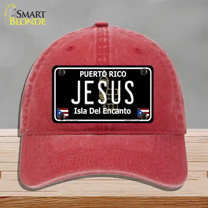 Jesus Puerto Rico Black Novelty License Plate Hat Unconstructed Cotton / Red